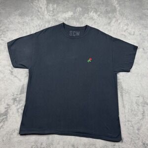 SCW Mens XL Black T-Shirt Small Embroidered Red Rose Cotton Short Sleeve Tee